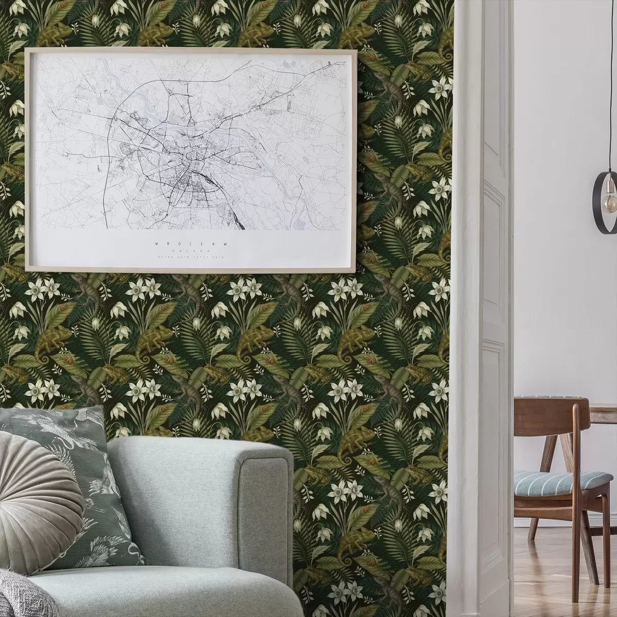 Behang Kameleons en tropische bladeren, witte bloemen, donkere achtergrond a00608v1