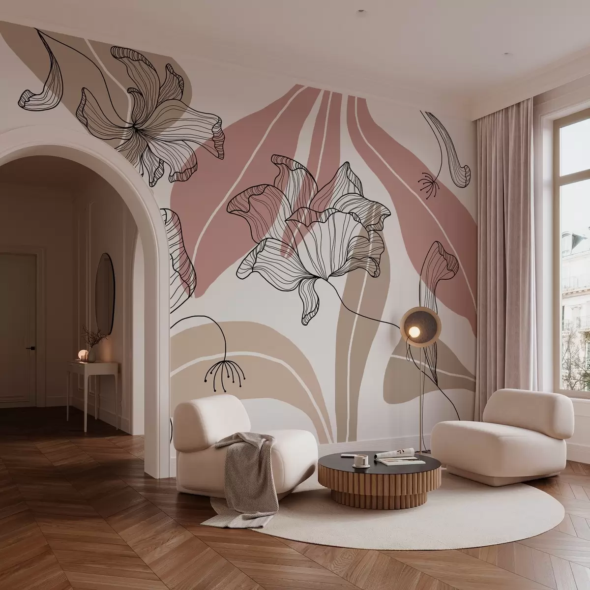 Fotobehang abstracte bladeren en bloemen in poederachtige en beige tinten w04499