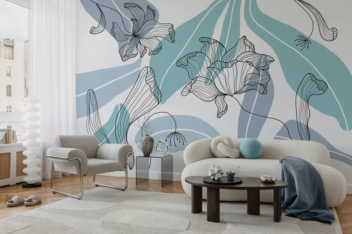 Papier peint photo feuilles et fleurs abstraites dans les tons bleus w04499v2