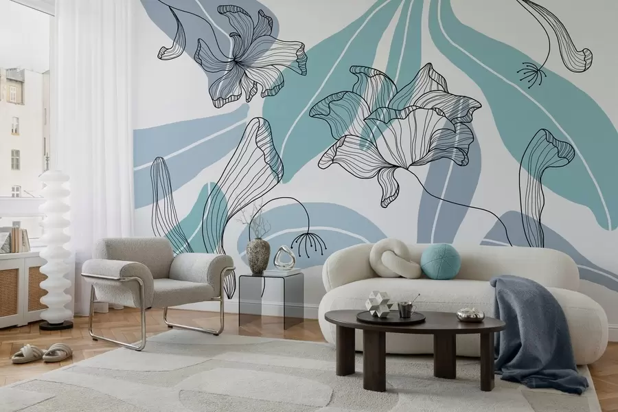 Papier peint photo feuilles et fleurs abstraites dans les tons bleus w04499v2