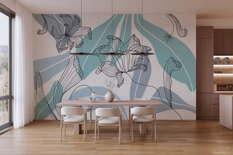 Papier peint photo feuilles et fleurs abstraites dans les tons bleus w04499v2