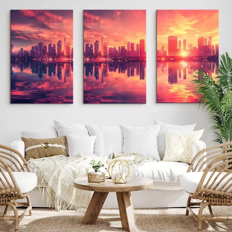  Peintures Coucher de soleil romantique avec une ville moderne en arrière-plan m00784