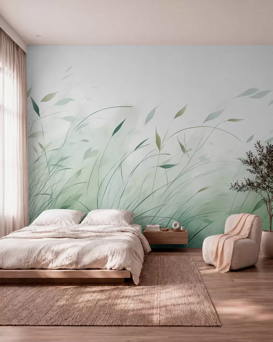 Papier peint photo Herbe verte dans le vent, style aquarelle w09331