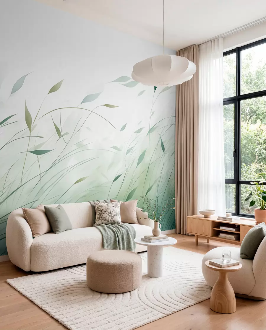 Fotobehang Groen gras in de wind in aquarelstijl w09331