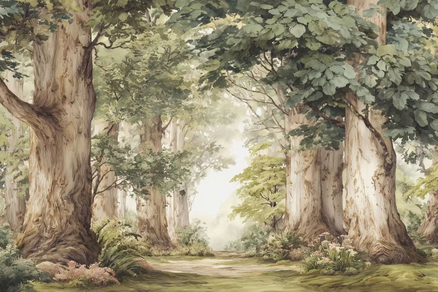 Fotobehang Bospad tussen majestueuze bomen in aquarelstijl w09404