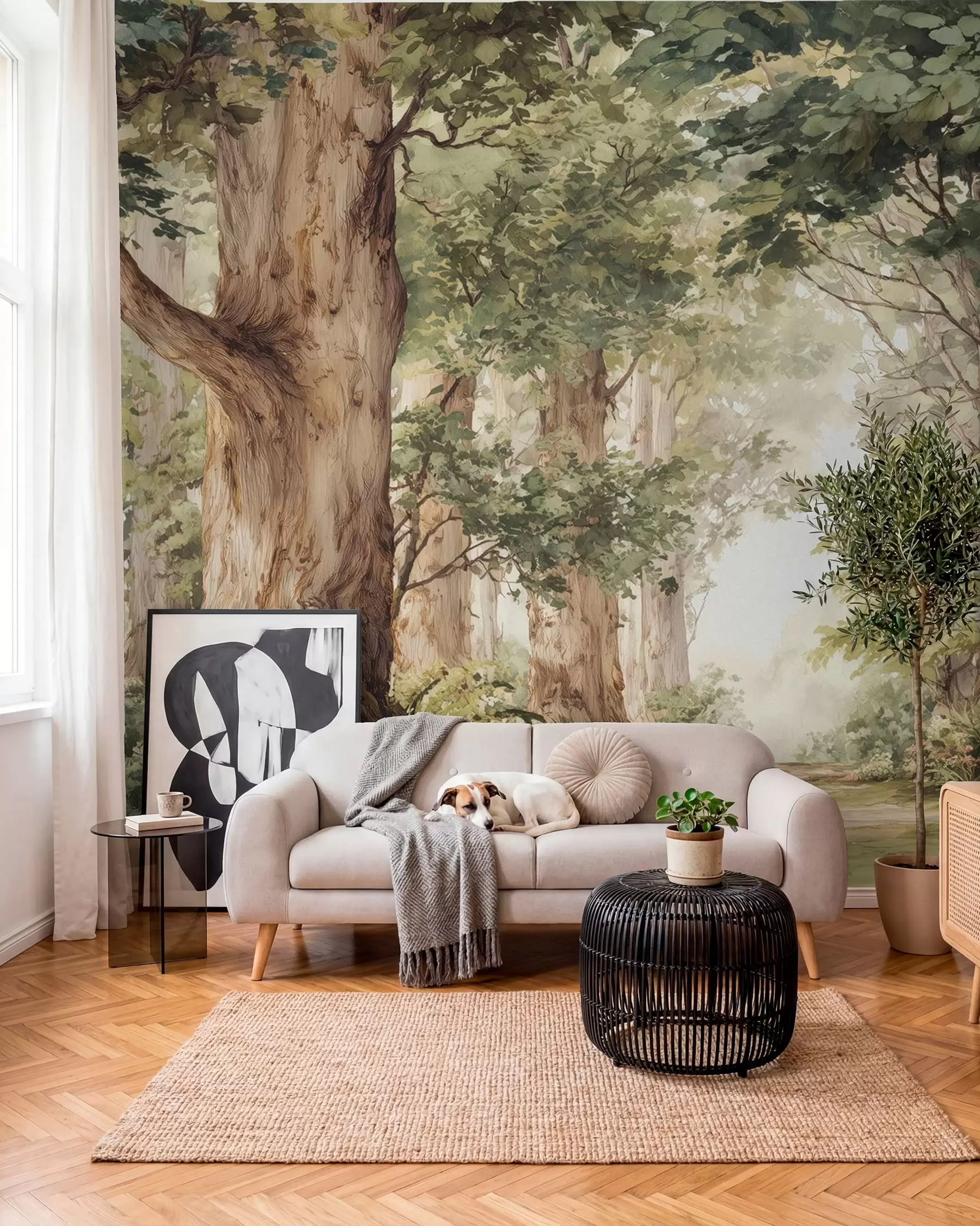 Fotobehang Bospad tussen majestueuze bomen in aquarelstijl w09404