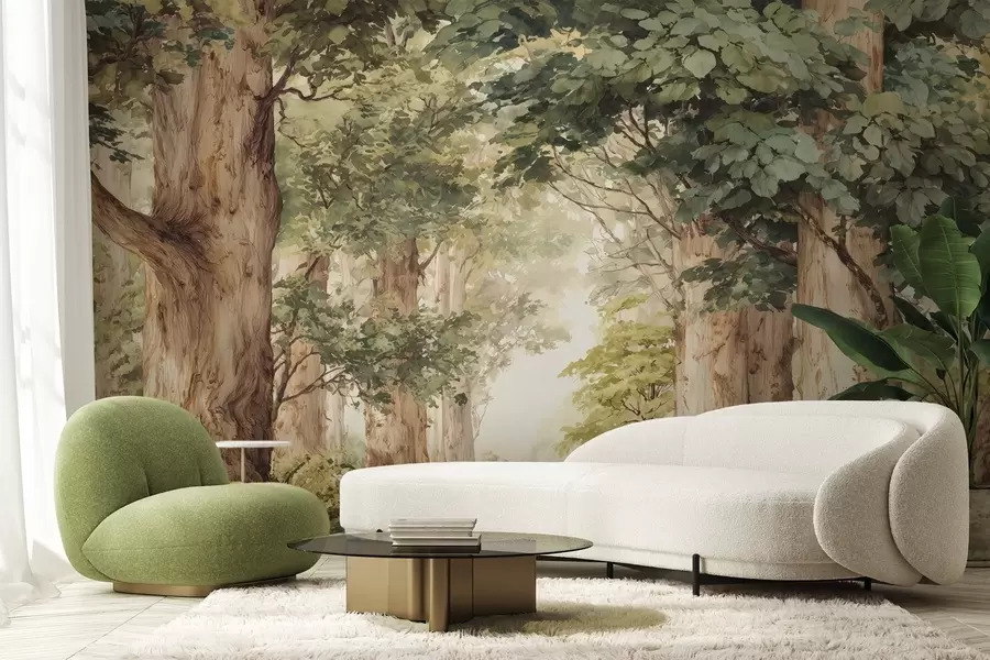 Papier peint photo Sentier forestier parmi des arbres majestueux, style aquarelle w09404