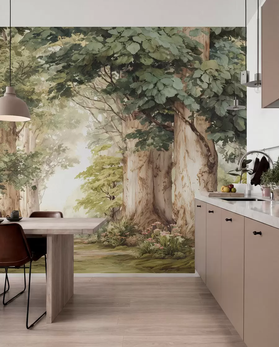 Fotobehang Bospad tussen majestueuze bomen in aquarelstijl w09404