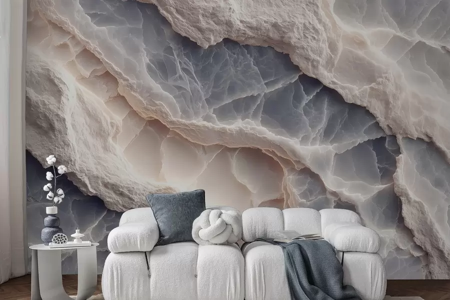 Fotobehang Elegante abstractie in de stijl van marmerlagen en mineralen in blauw-beige kleur w09408