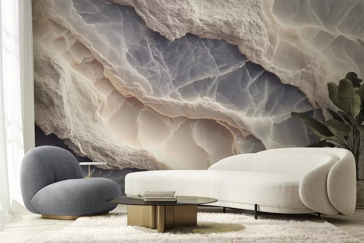 Fotobehang Elegante abstractie in de stijl van marmerlagen en mineralen in blauw-beige kleur w09408