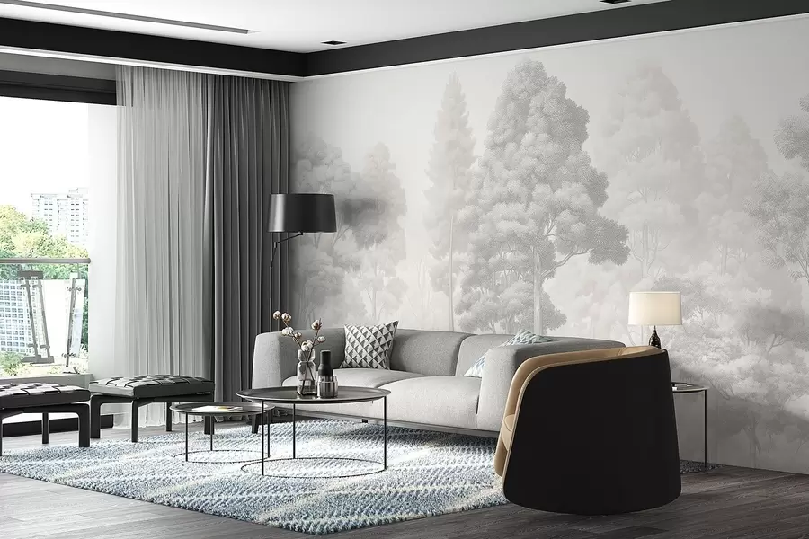 Fotobehang Artistiek boslandschap in de techniek van zwart-wit grafische arcering w09411