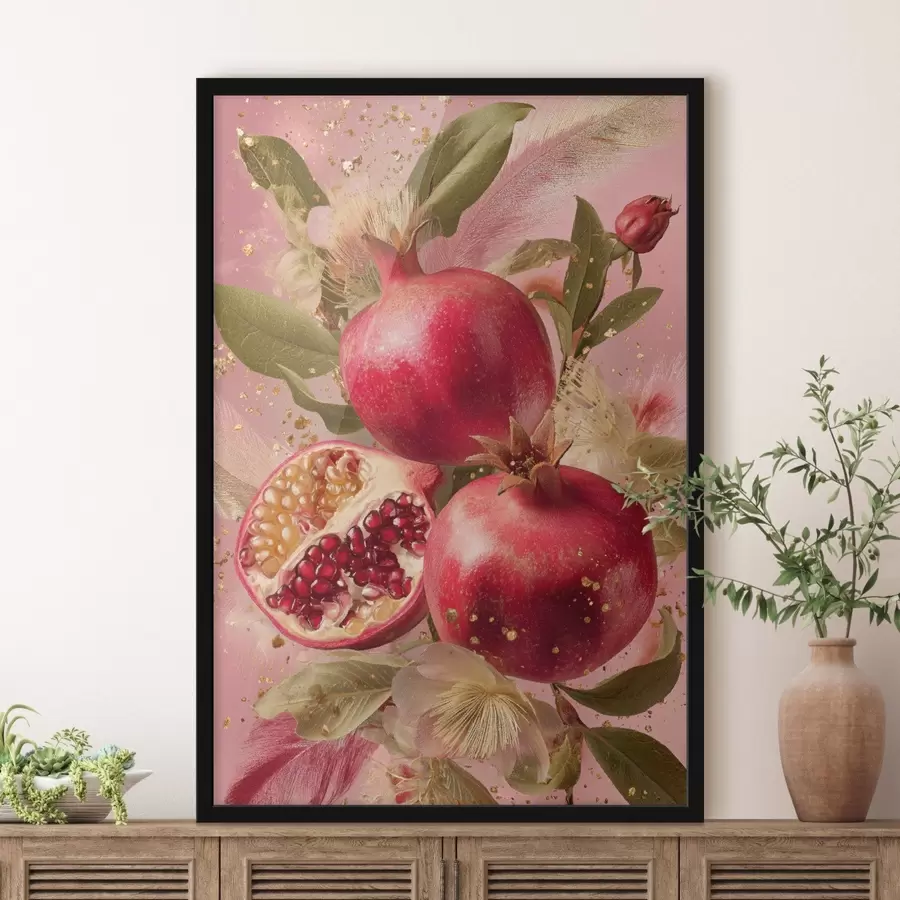 Fotobehang Rijpe granaatappels op een roze achtergrond met bladeren en vlekjes f45868