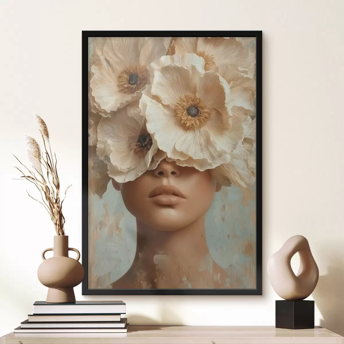 Poster Portret met beige bloemen die de ogen bedekken f45870