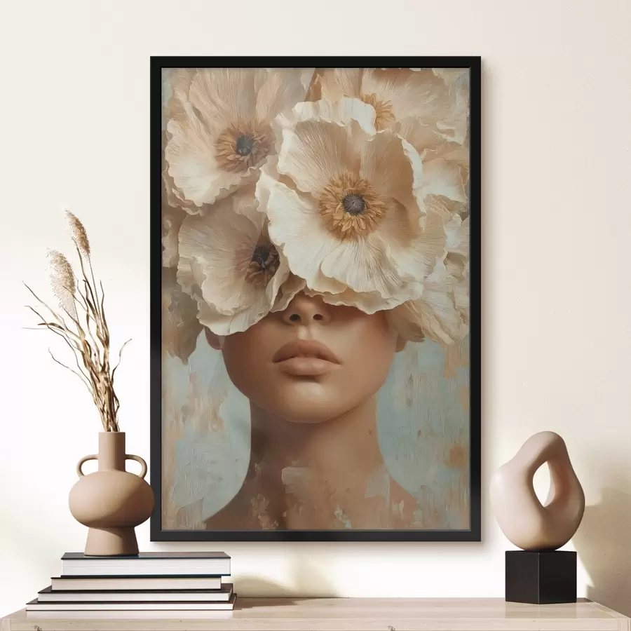 Papier peint photo Portrait avec des fleurs beiges couvrant les yeux f45870