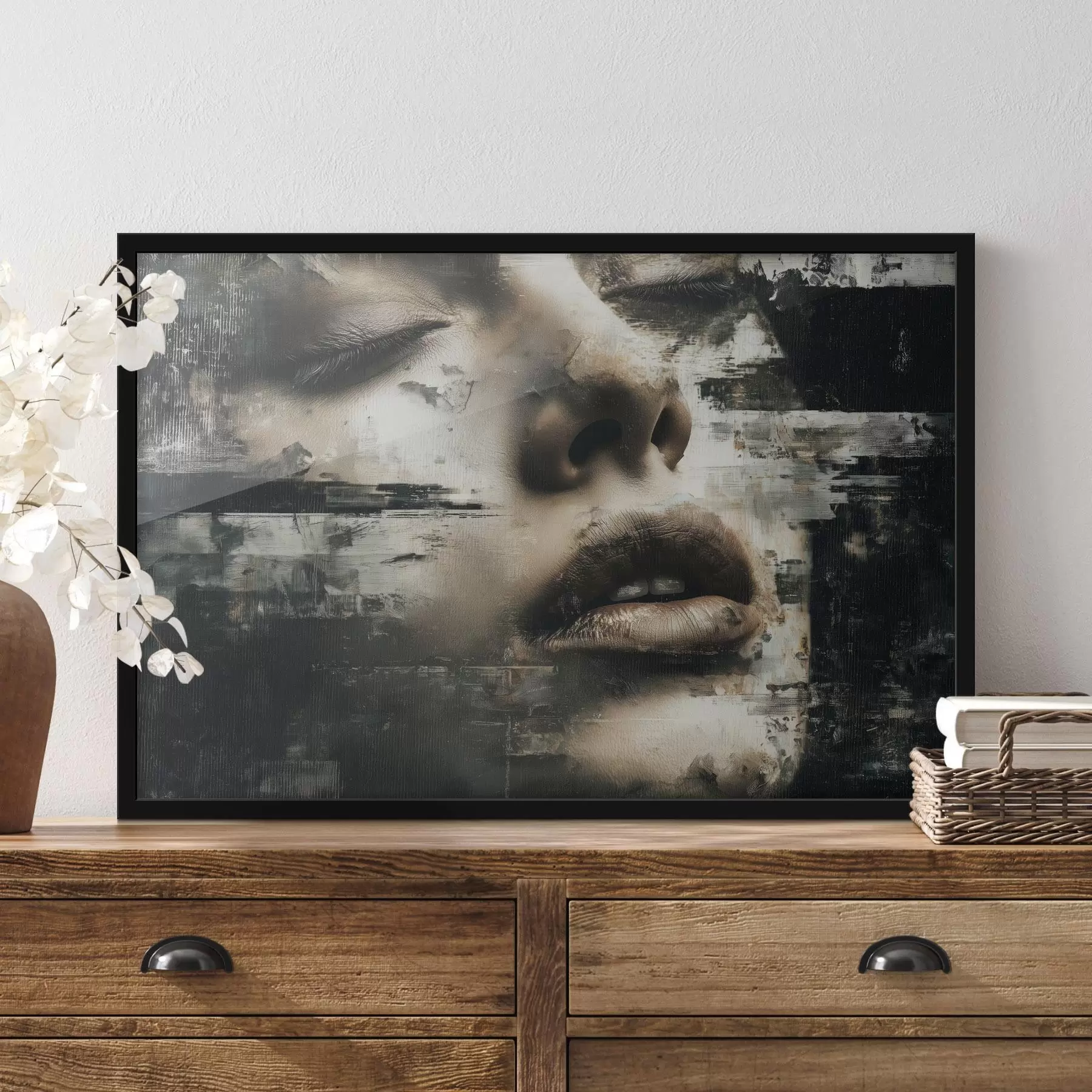 Fotobehang Abstract vrouwelijk portret met glitch-effect en texturen f45873