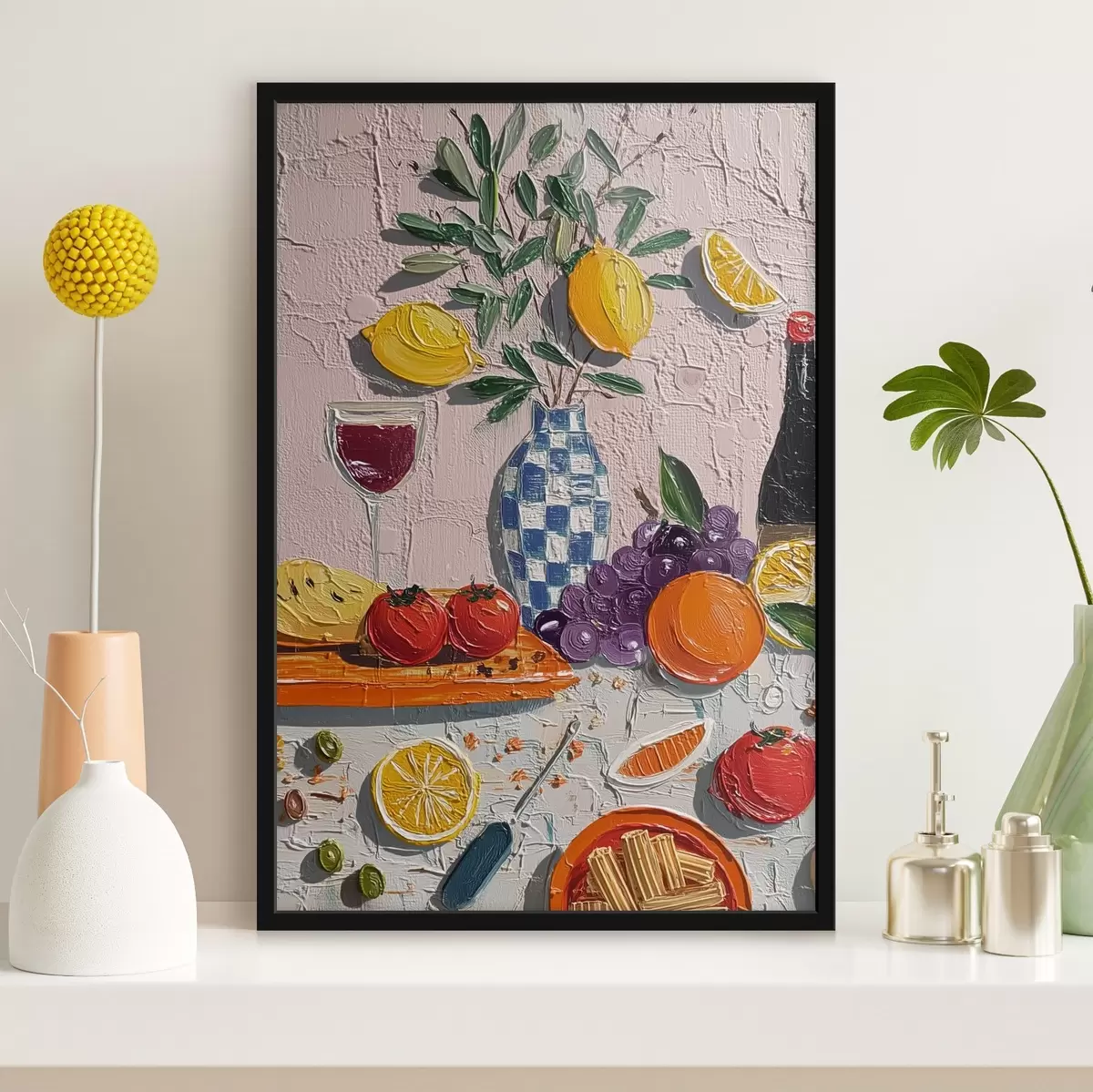 Poster Pastel stilleven: citroenen, druiven en tomaten, impasto f45876