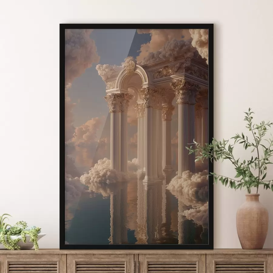 Papier peint photo Colonnes dans les nuages, reflets sur l'eau f45881