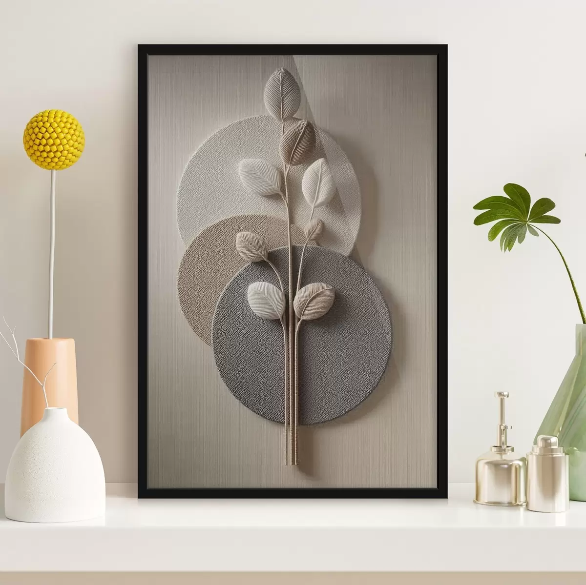 Poster Reliefcirkels en een tak in warme neutrale tinten f45883