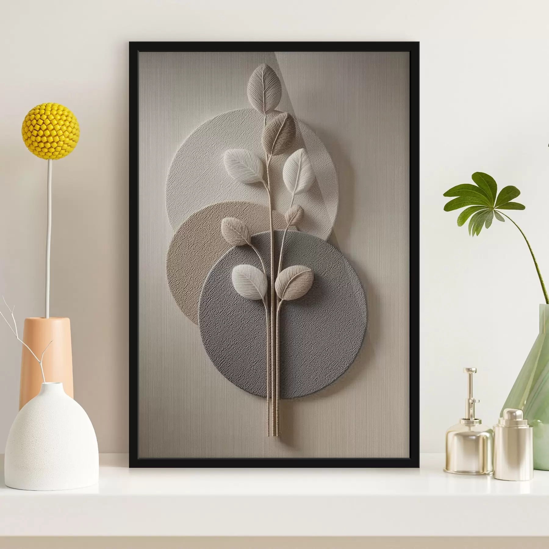 Fotobehang Reliefcirkels en een tak in warme neutrale tinten f45883