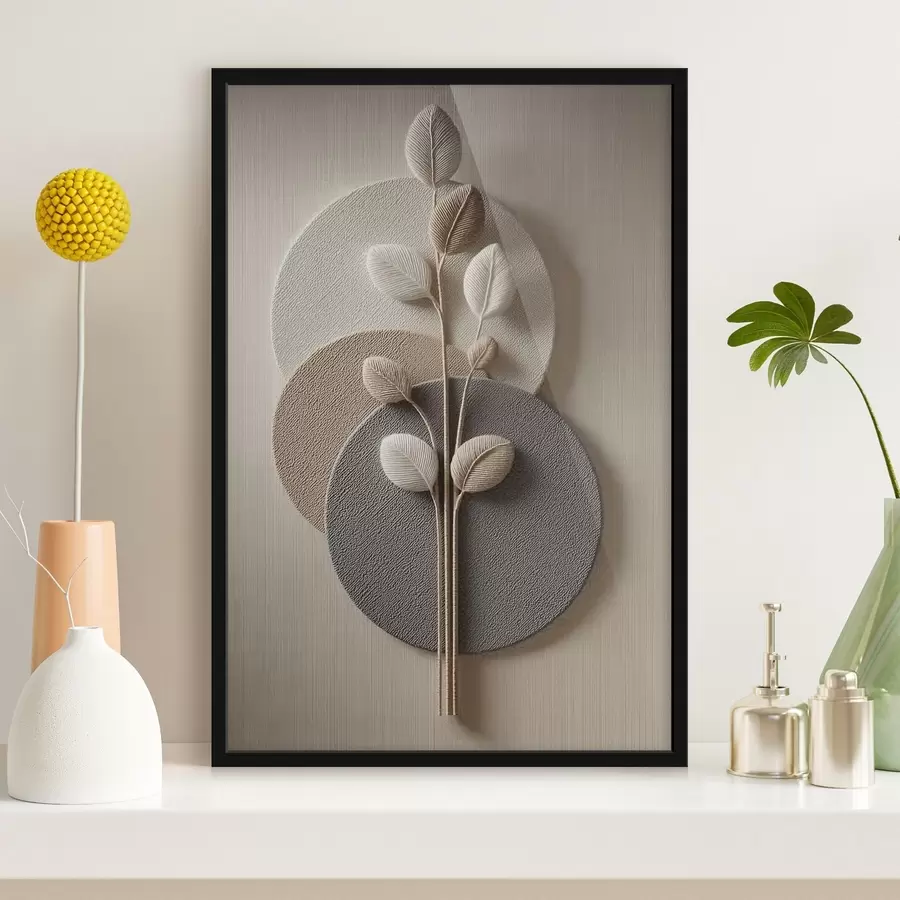 Fotobehang Reliefcirkels en een tak in warme neutrale tinten f45883