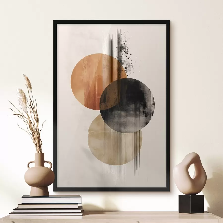 Papier peint photo Trois cercles texturés avec des lignes dans une palette de couleurs terre cuite et noir f45885