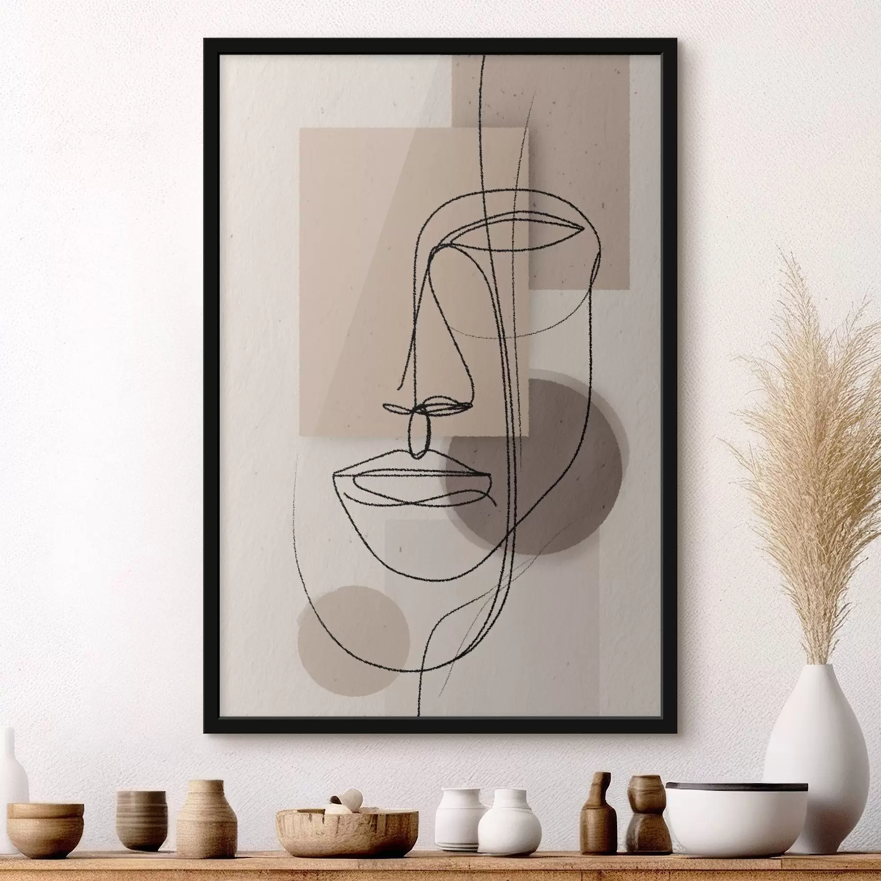 Fotobehang Lijnportret boven beige geometrische vormen f45886