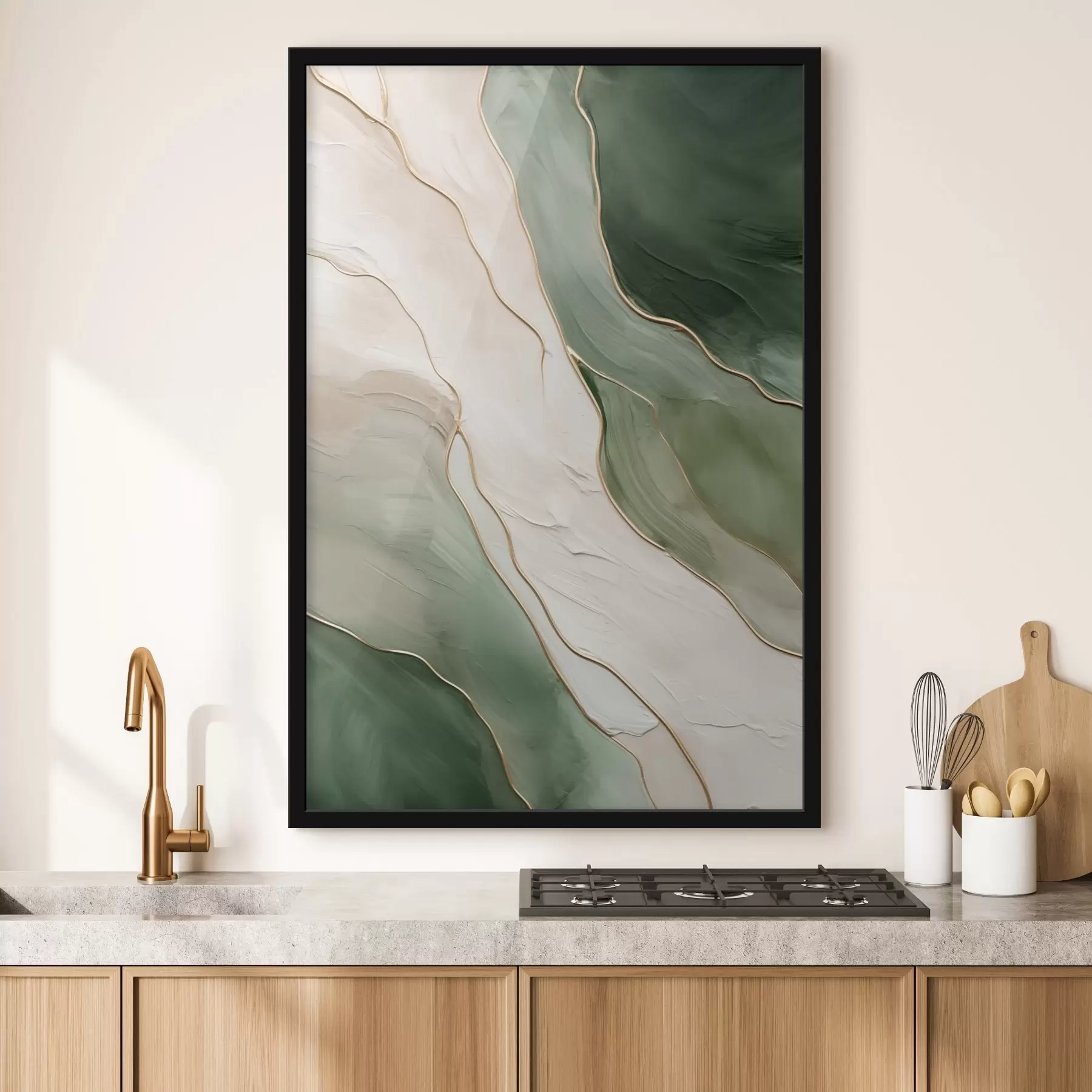 Fotobehang Smaragdgroene abstractie met fijne gele lijnen f45888