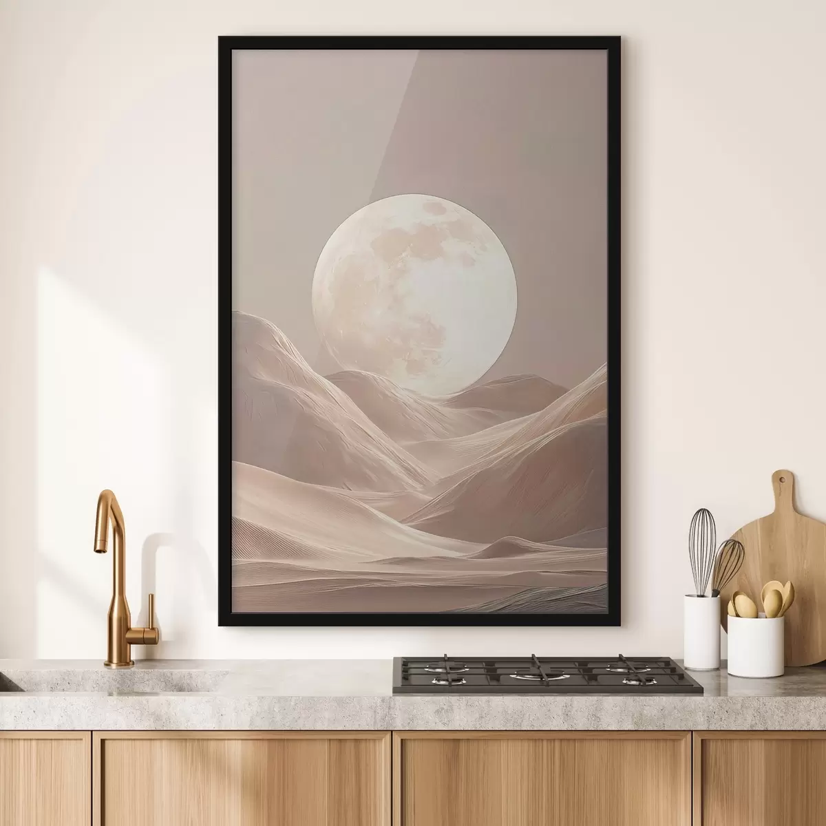 Poster Maan boven zandduinen in roze tinten f45892