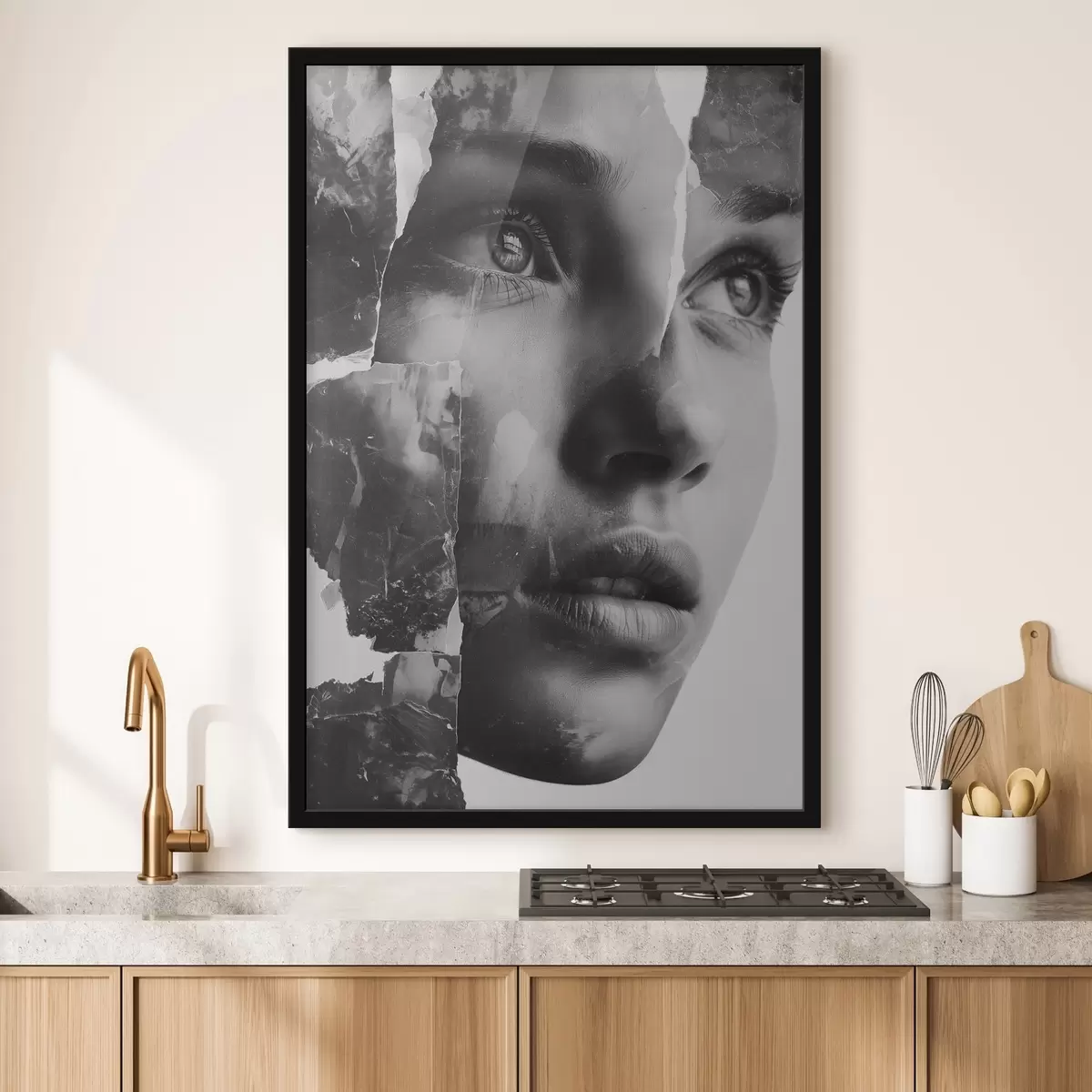 Poster Zwart-wit collageportret met gescheurde textuurlagen f45898