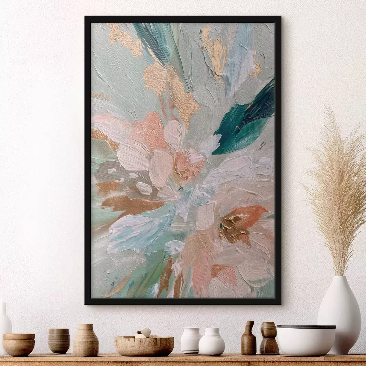 Poster Pastelkleurige bloemenstrepen met gele spikkels f45899