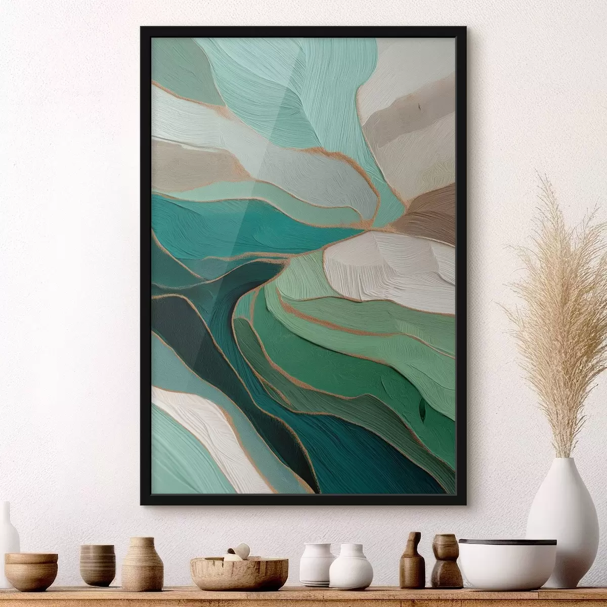 Affiche Abstraction vert sauge avec un contour jaune f45901