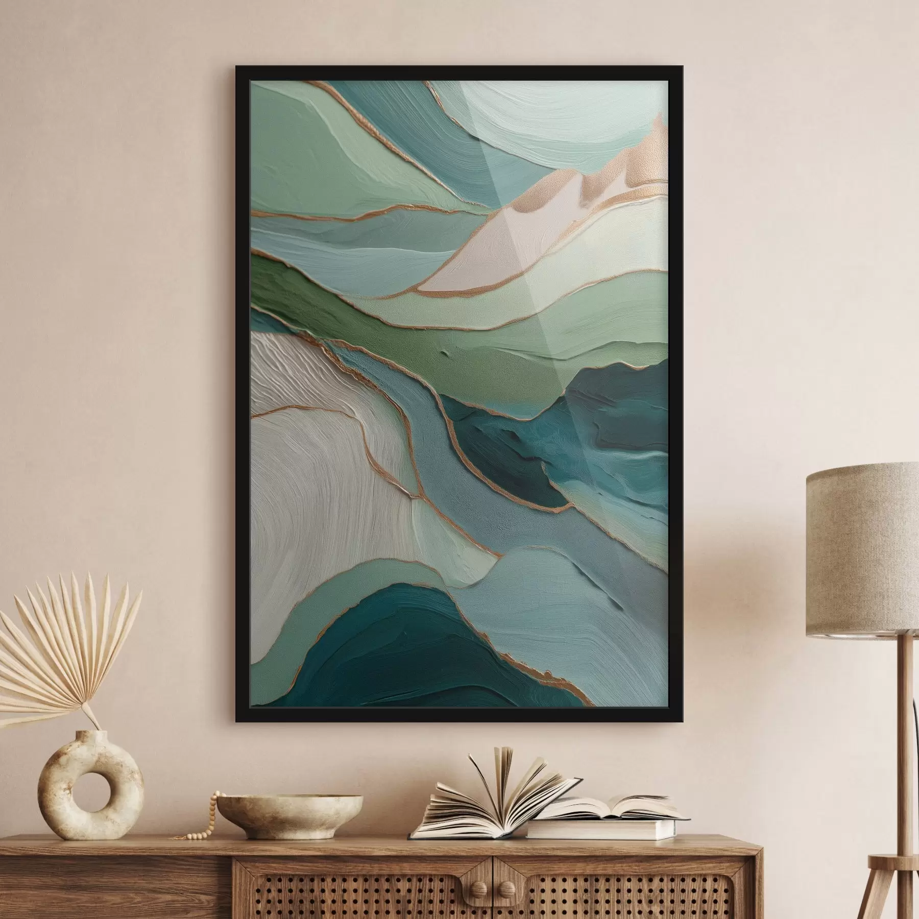 Fotobehang Gelaagde groene abstractie met gele lijnen en diepte f45902