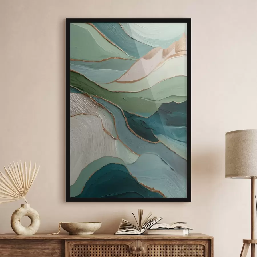 Papier peint photo Abstraction verte en couches avec des lignes jaunes et de la profondeur f45902