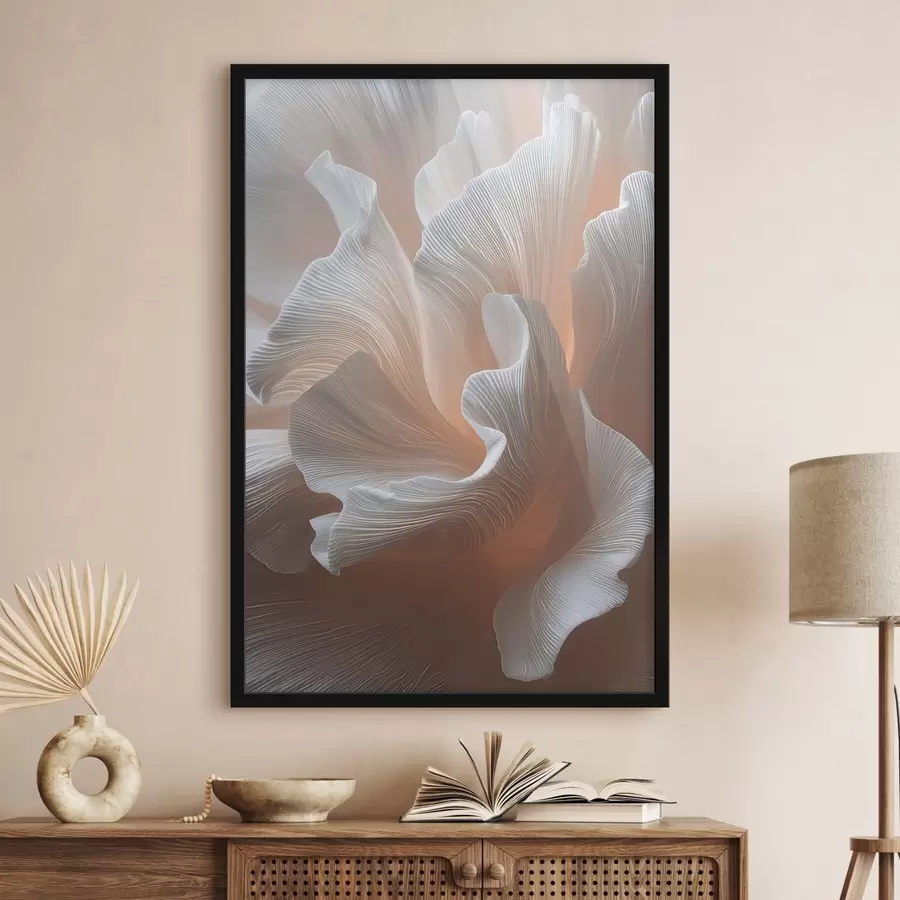 Fotobehang Luchtige witte bloemblaadjes met een warme perzikkleurige gloed f45909