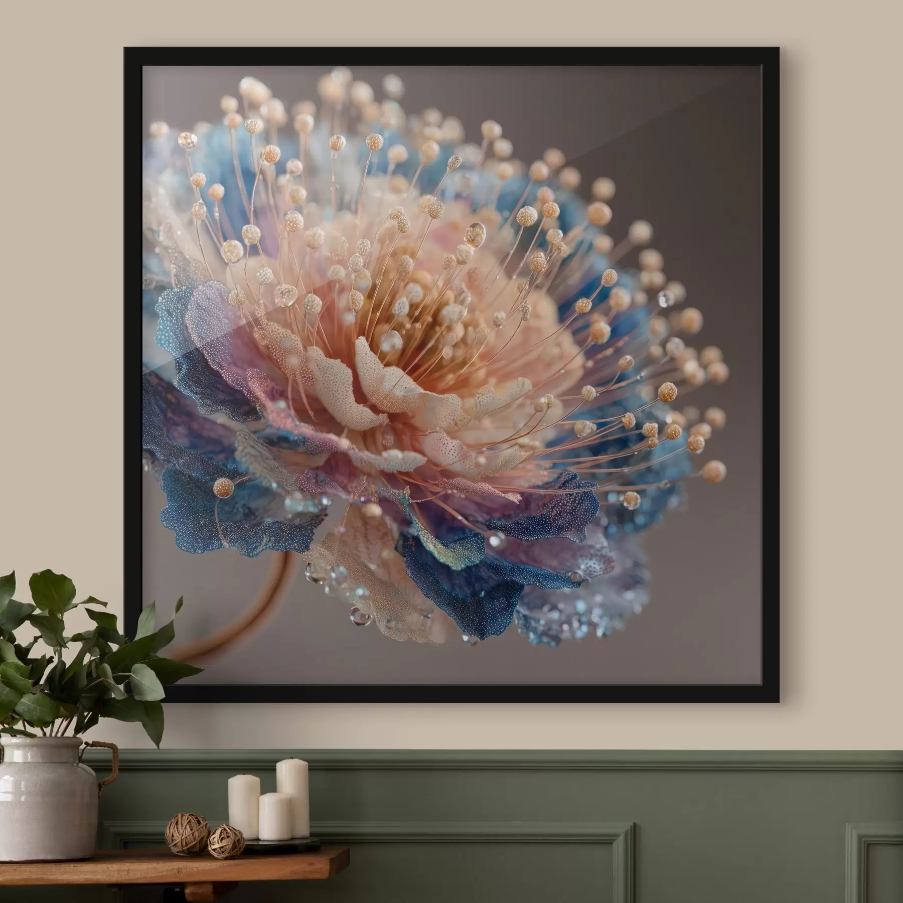 Papier peint photo Fleur nacrée avec des gouttes de rosée, pétales couleur pêche et bleu f45911