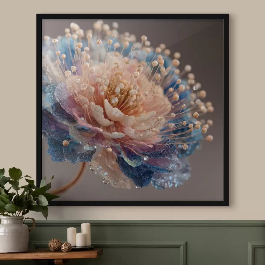 Papier peint photo Fleur nacrée avec des gouttes de rosée, pétales couleur pêche et bleu f45911