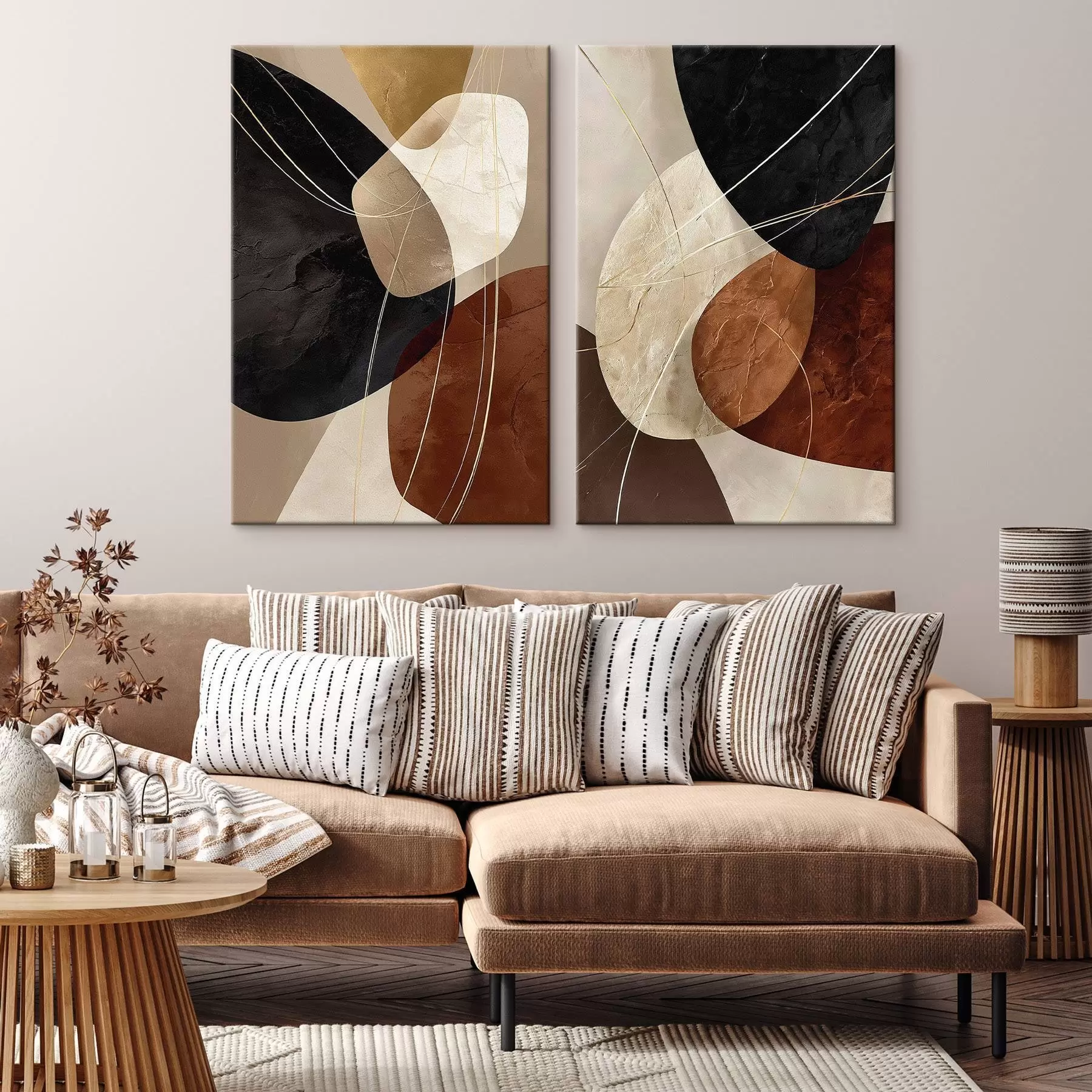  Schilderijen Geometrische ovalen in een warm kleurenpalet met gele lijnen m00763