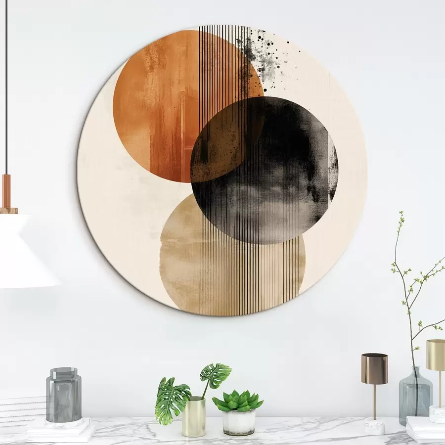  Schilderijen Drie cirkels met textuur en lijnen in een terracotta-zwart kleurenpalet r45885