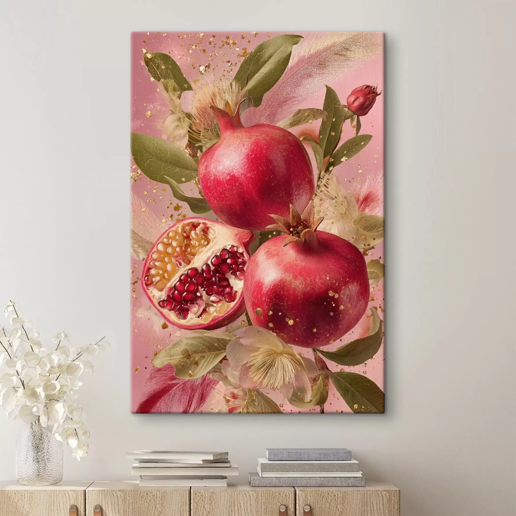  Schilderijen Rijpe granaatappels op een roze achtergrond met bladeren en vlekjes s45868