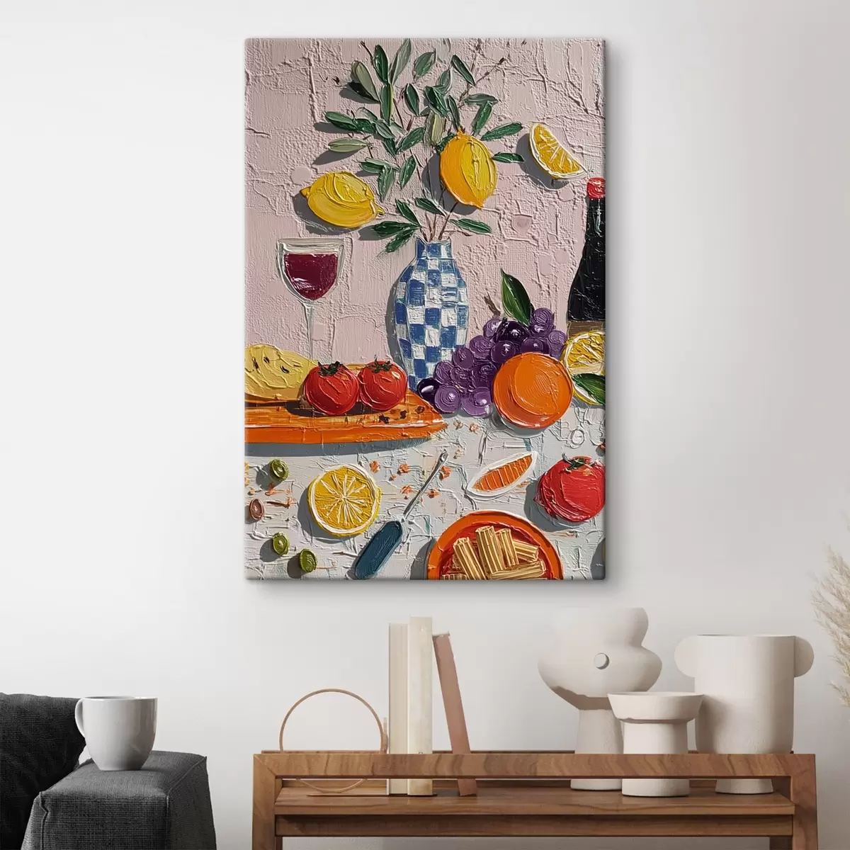  Schilderijen Pastel stilleven: citroenen, druiven en tomaten, impasto s45876