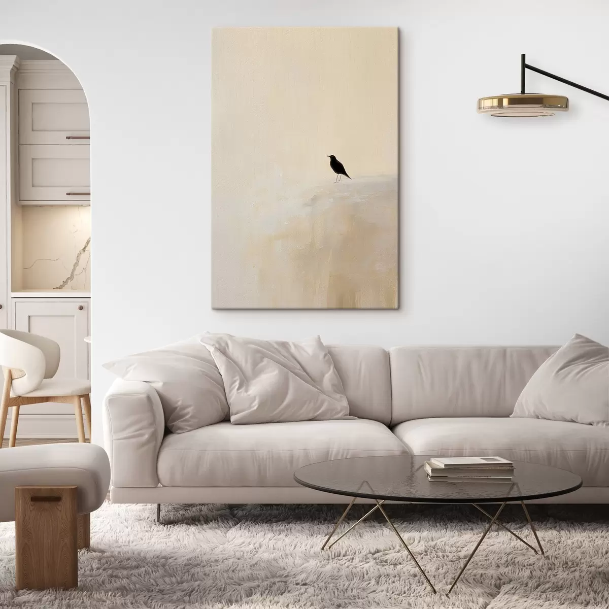  Peintures Oiseau solitaire sur fond beige chaud s45882