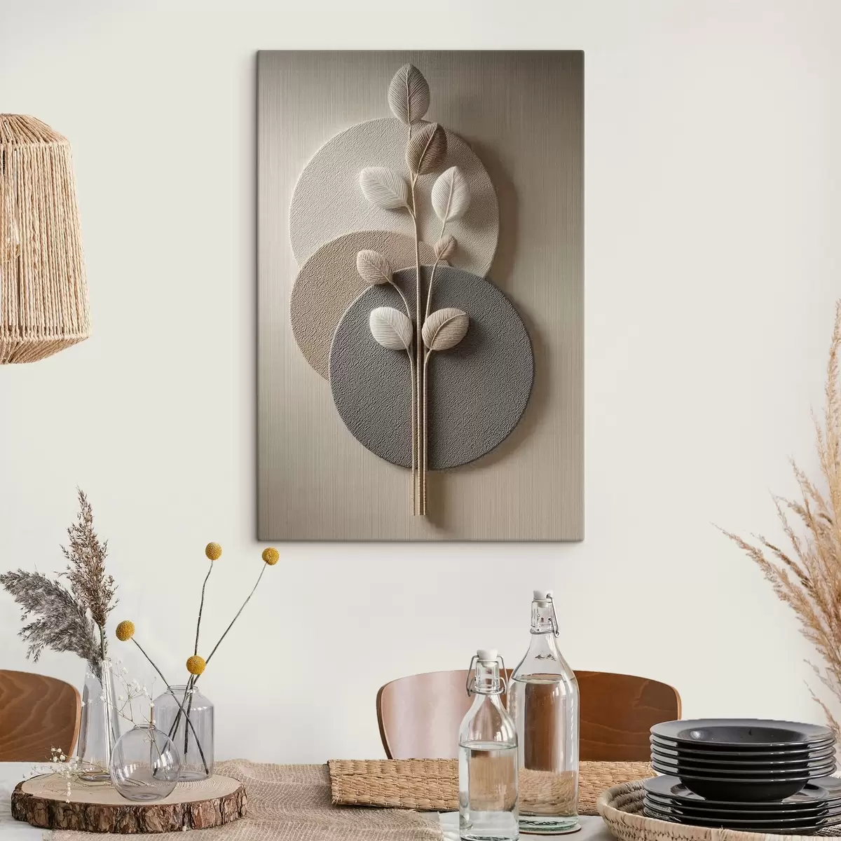  Schilderijen Reliefcirkels en een tak in warme neutrale tinten s45883