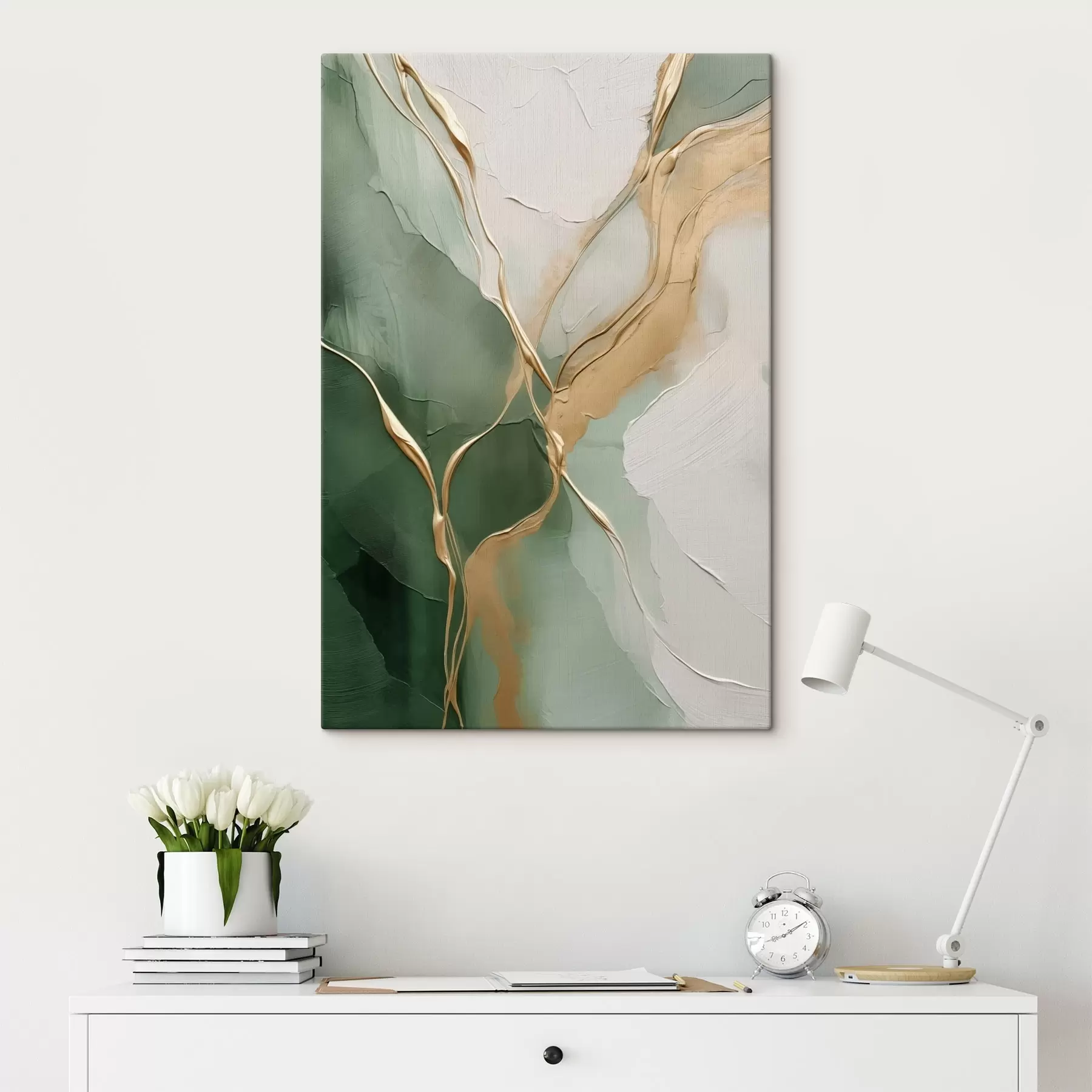  Peintures Abstraction émeraude-crème avec des ruissellements jaunes s45887