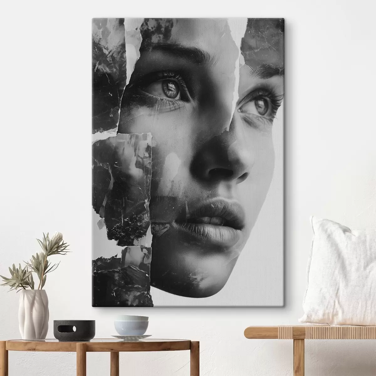  Schilderijen Zwart-wit collageportret met gescheurde textuurlagen s45898