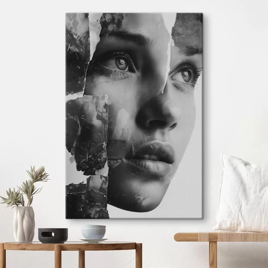  Peintures Portrait collage en noir et blanc avec des couches texturées déchirées s45898