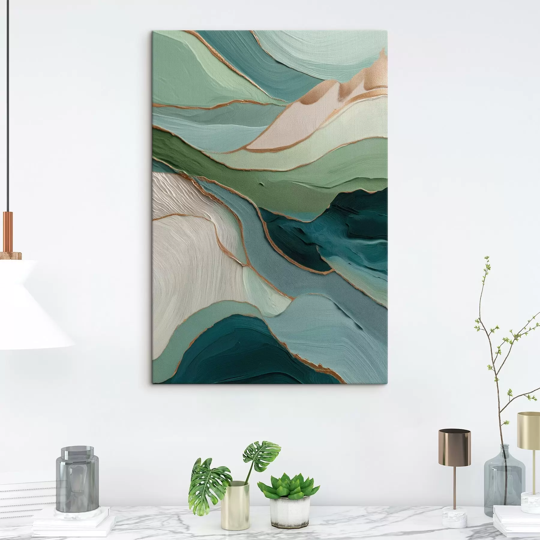  Peintures Abstraction verte en couches avec des lignes jaunes et de la profondeur s45902