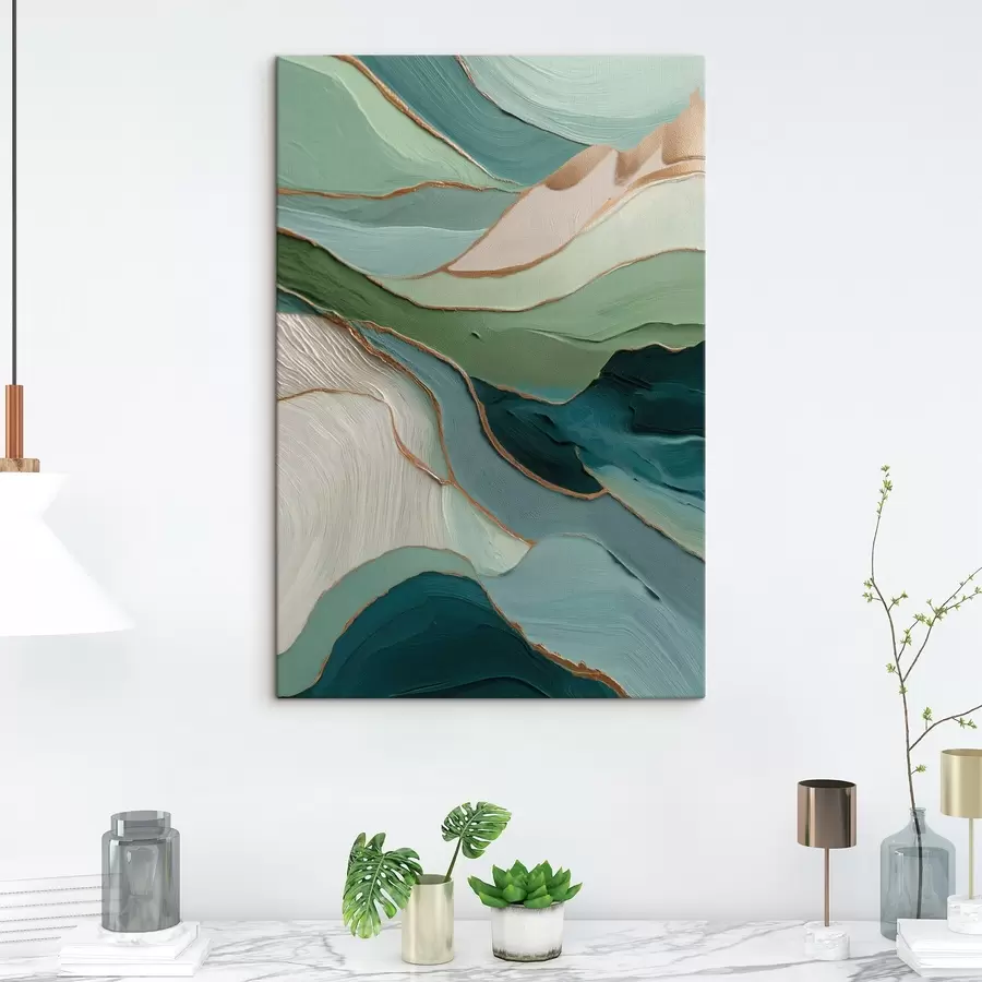  Peintures Abstraction verte en couches avec des lignes jaunes et de la profondeur s45902