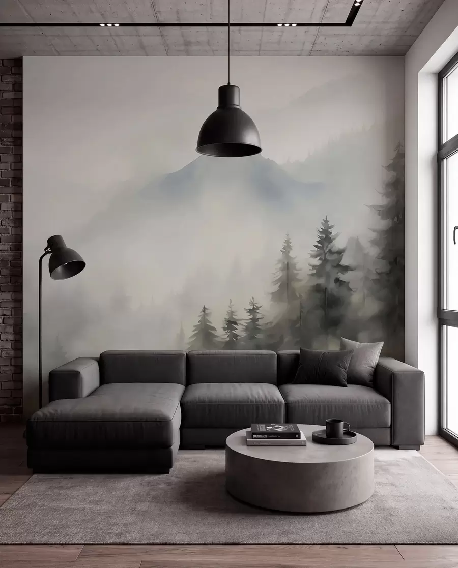 Fotobehang Bos in de mist tegen de achtergrond van bergen w04493