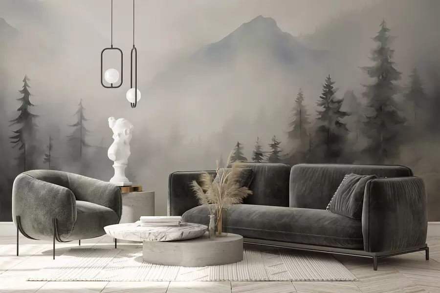 Papier peint photo Forêt dans le brouillard avec les montagnes en arrière-plan w04493