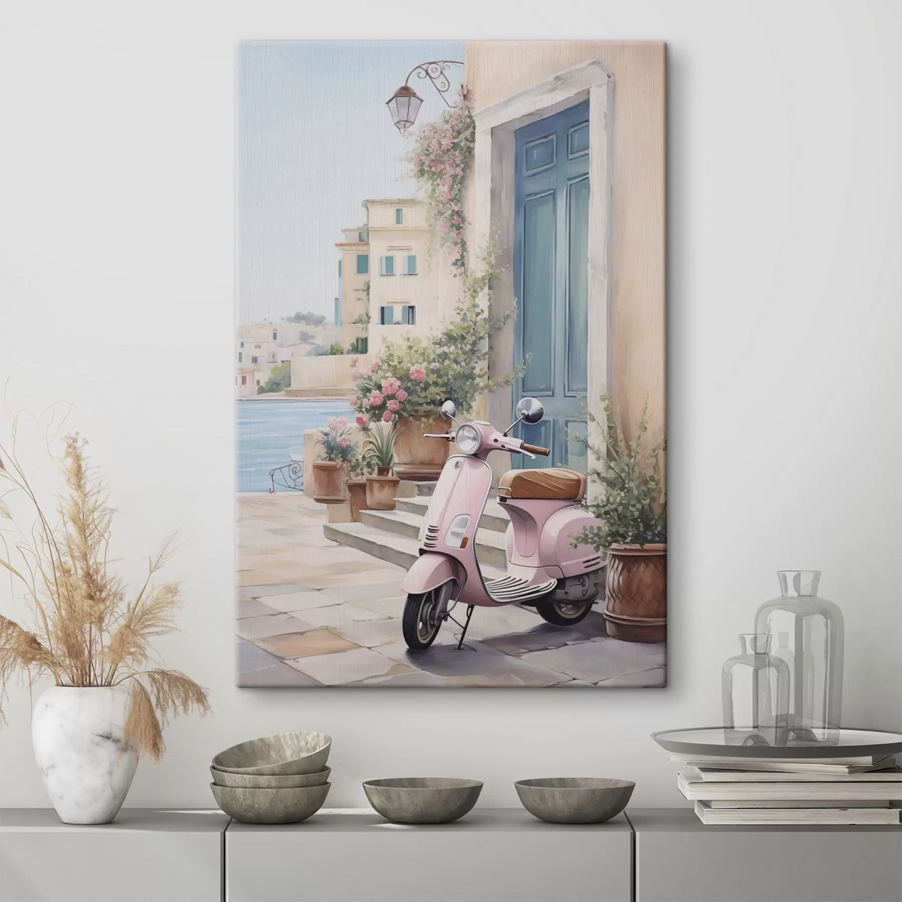  Schilderijen Een scooter tegen de achtergrond van een huis s46065